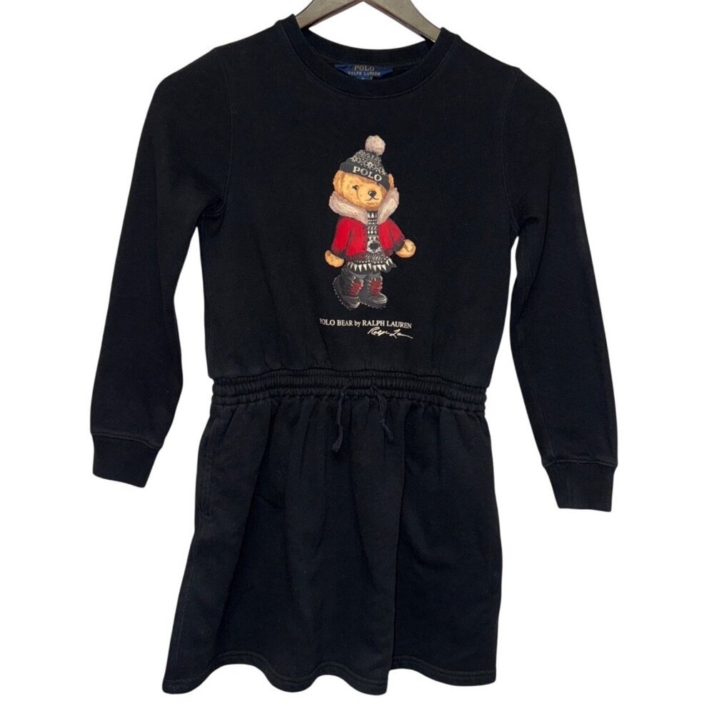 Polo Ralph Lauren Girl's Day Dress Black Bear Winter Graphic Fleece Medium 8 10